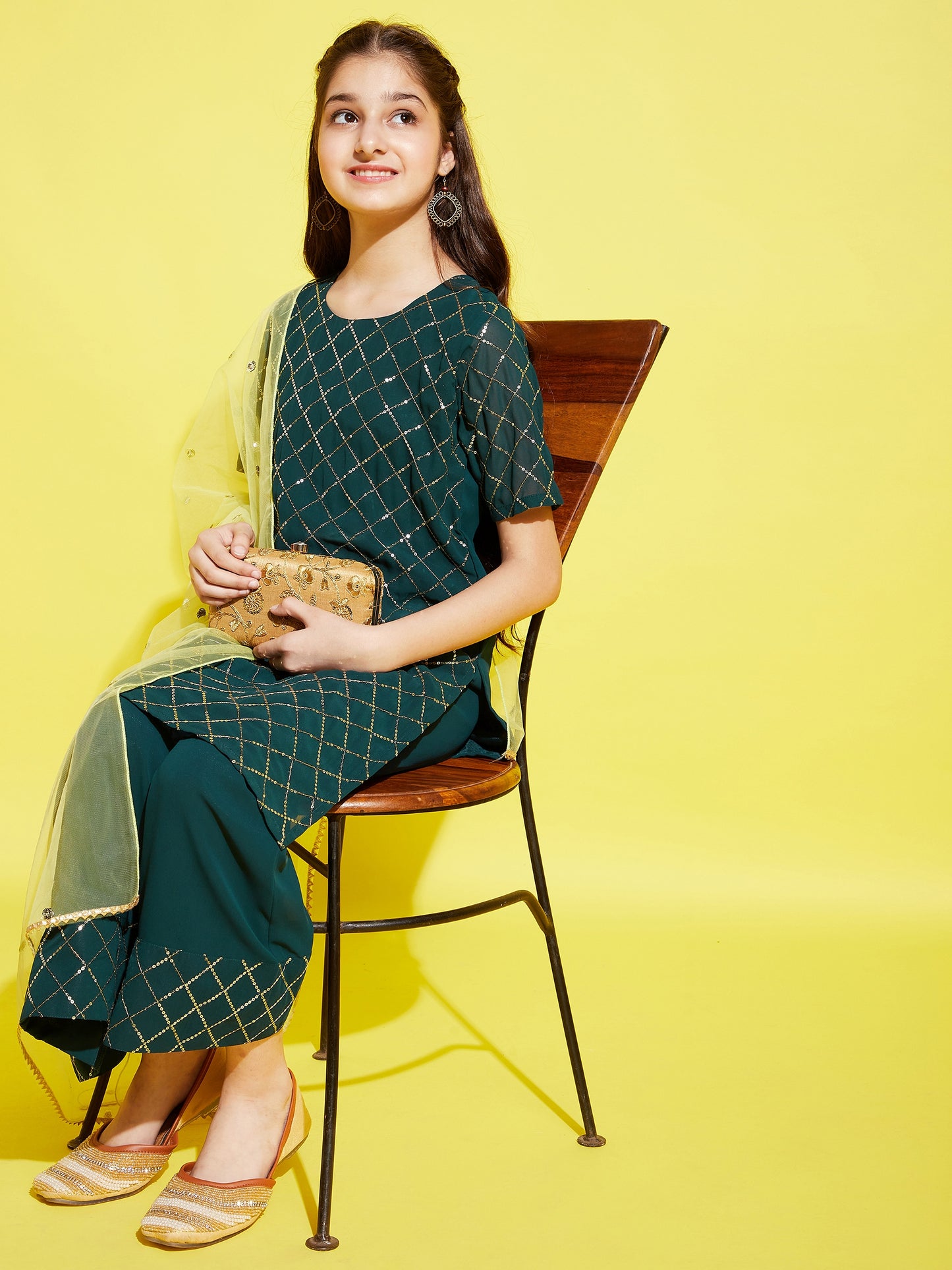 Girls Green Embroidered Straight Kurta with Palazzo & With Dupatta