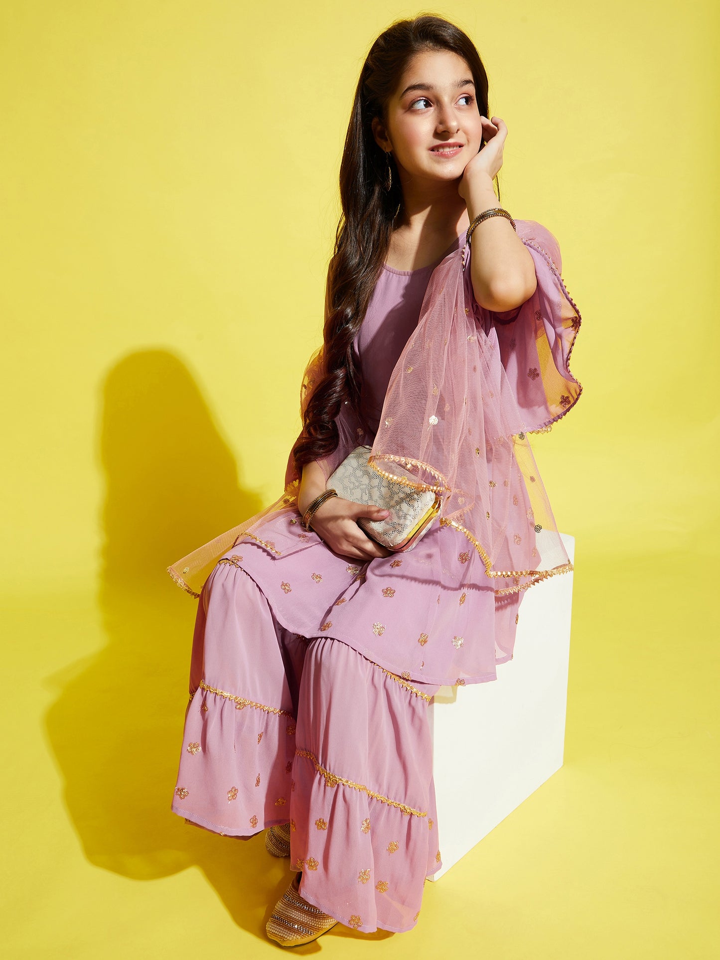 Girls Pink Ethnic Motifs Embroidered Empire Kurta with Sharara & Dupatta