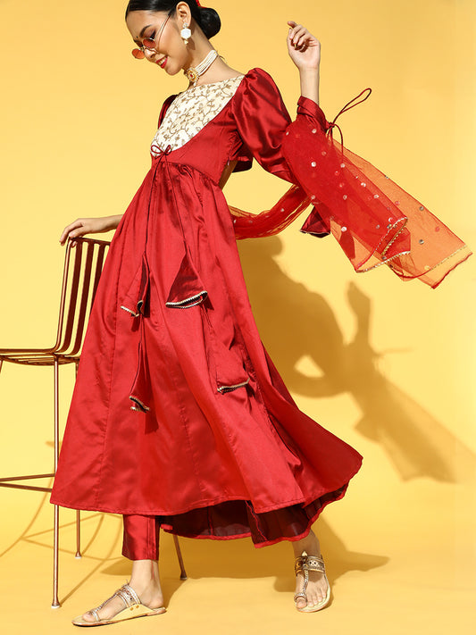 Women Maroon Yoke Design Dupion Silk Anarkali Kurta with Trousers & Dupatta