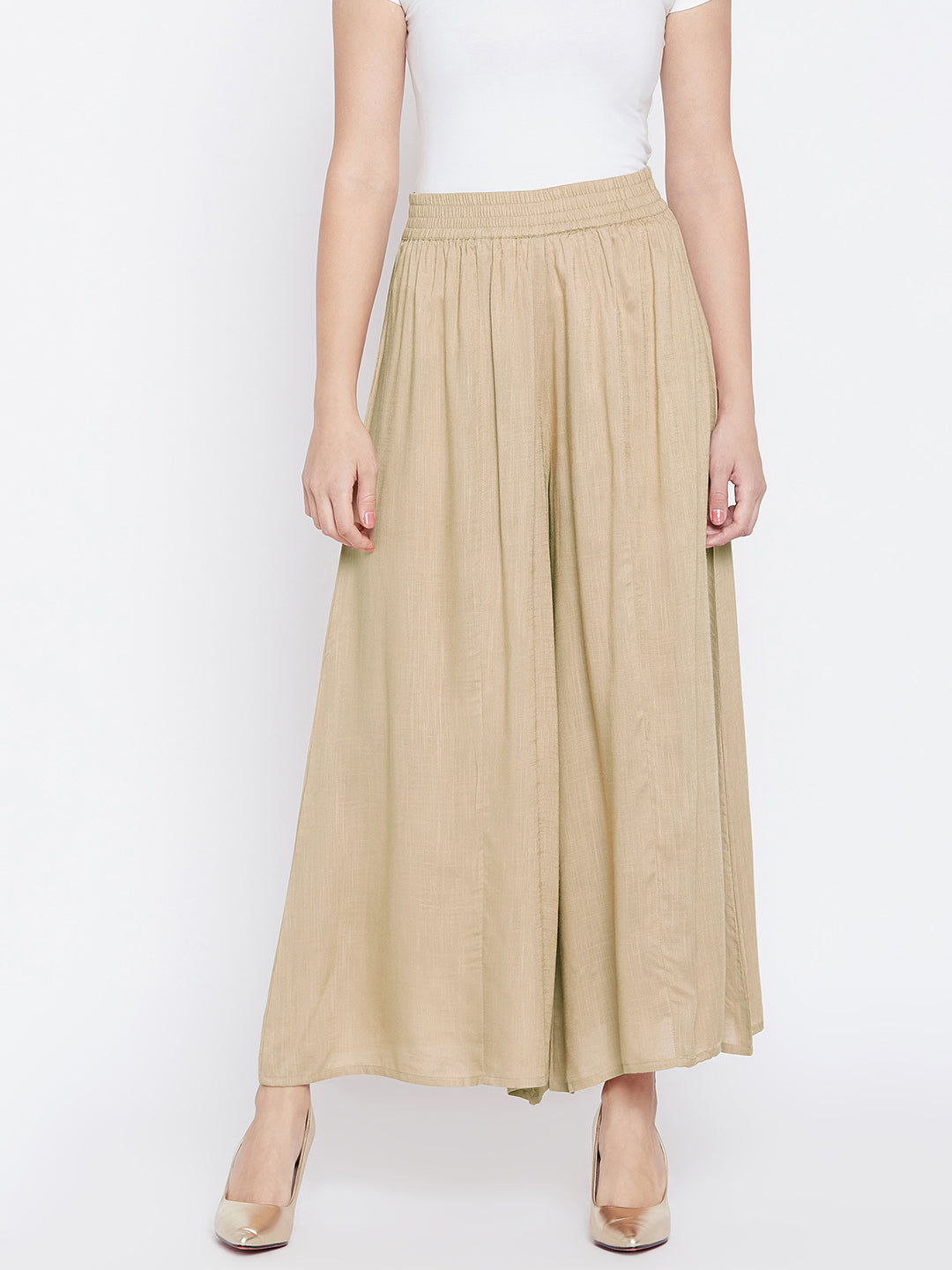 Women Beige Relaxed Flared Solid Parallel Palazzo