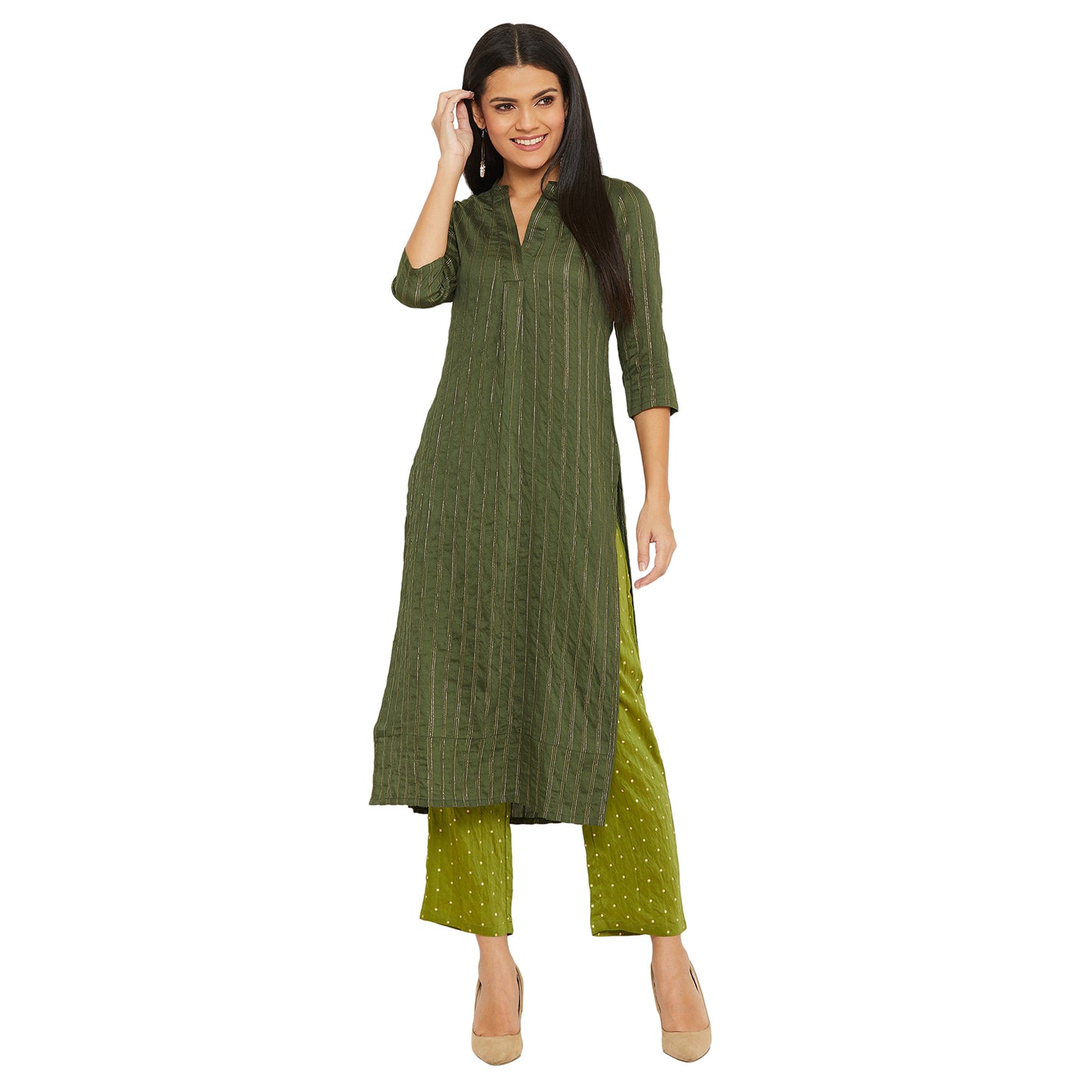 Lurex Dark Mehndi Colour Kurta With Green Trouser