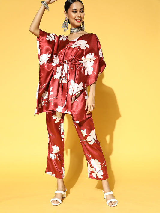 Women Maroon & White Floral Printed Kaftan Kurta with Trousers