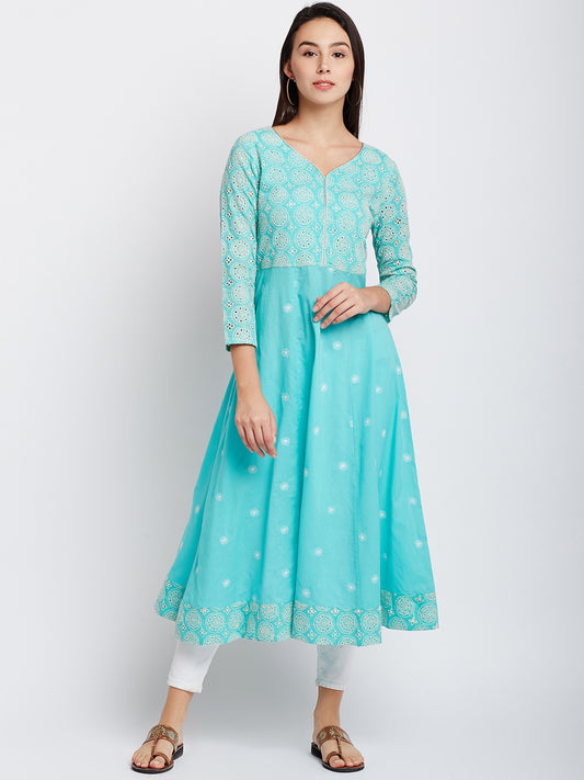 Green Color Embrodried  Chikankari  Kurta