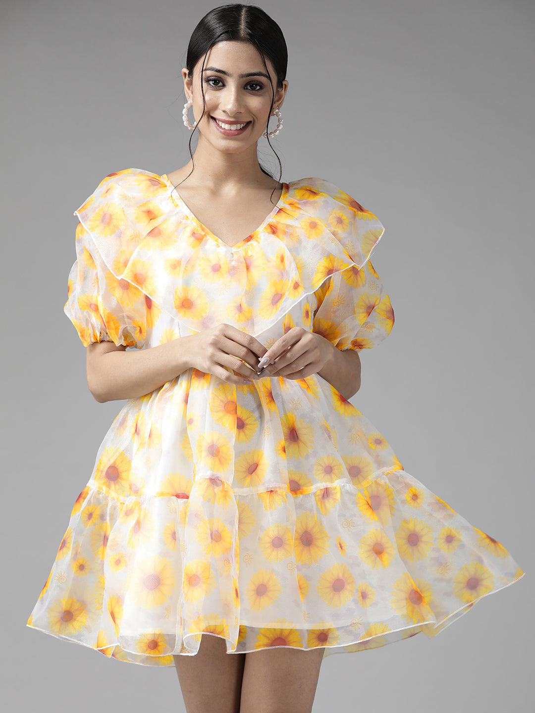 PANIT Cream-Coloured Floral Fit And Flare Dress