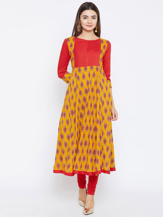 Women's Yellow And Red Paisely Printed Anarkali Ankle Length Kurta