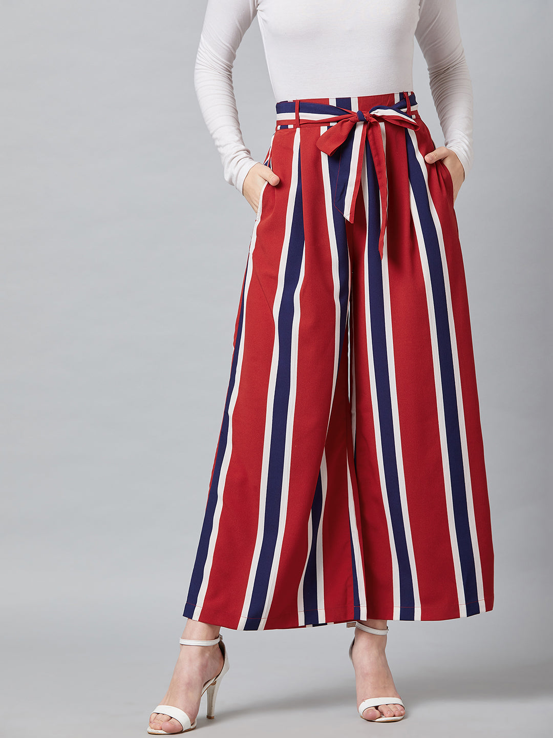 PANIT Women Red & Blue Striped Flared Trouser