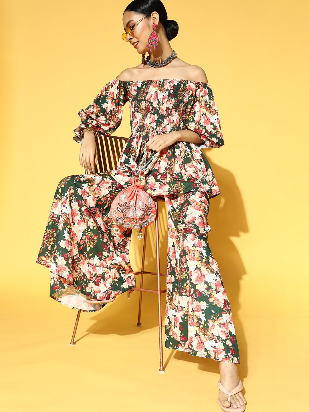 Women Green & White Floral Printed Kurta with Palazzos