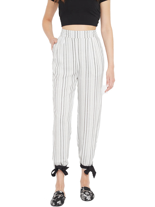 Women's ivory and grey stripes elasticed waist trouser