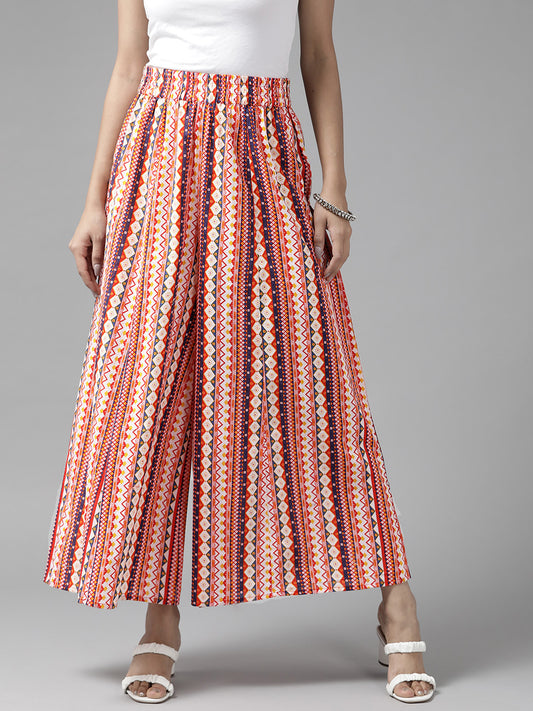Women Off White & Orange Printed Cotton Palazzos