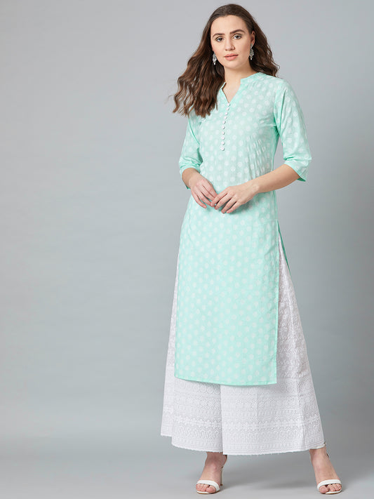 Women Turquoise Blue Printed Straight Kurta