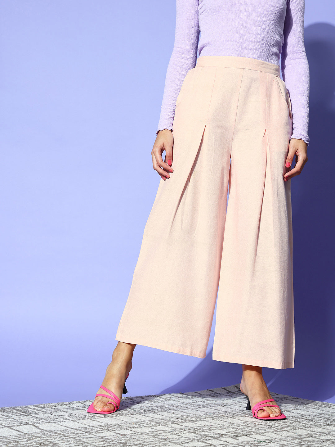 PANIT Women Pretty Pink Solid Wide Leg Trousers