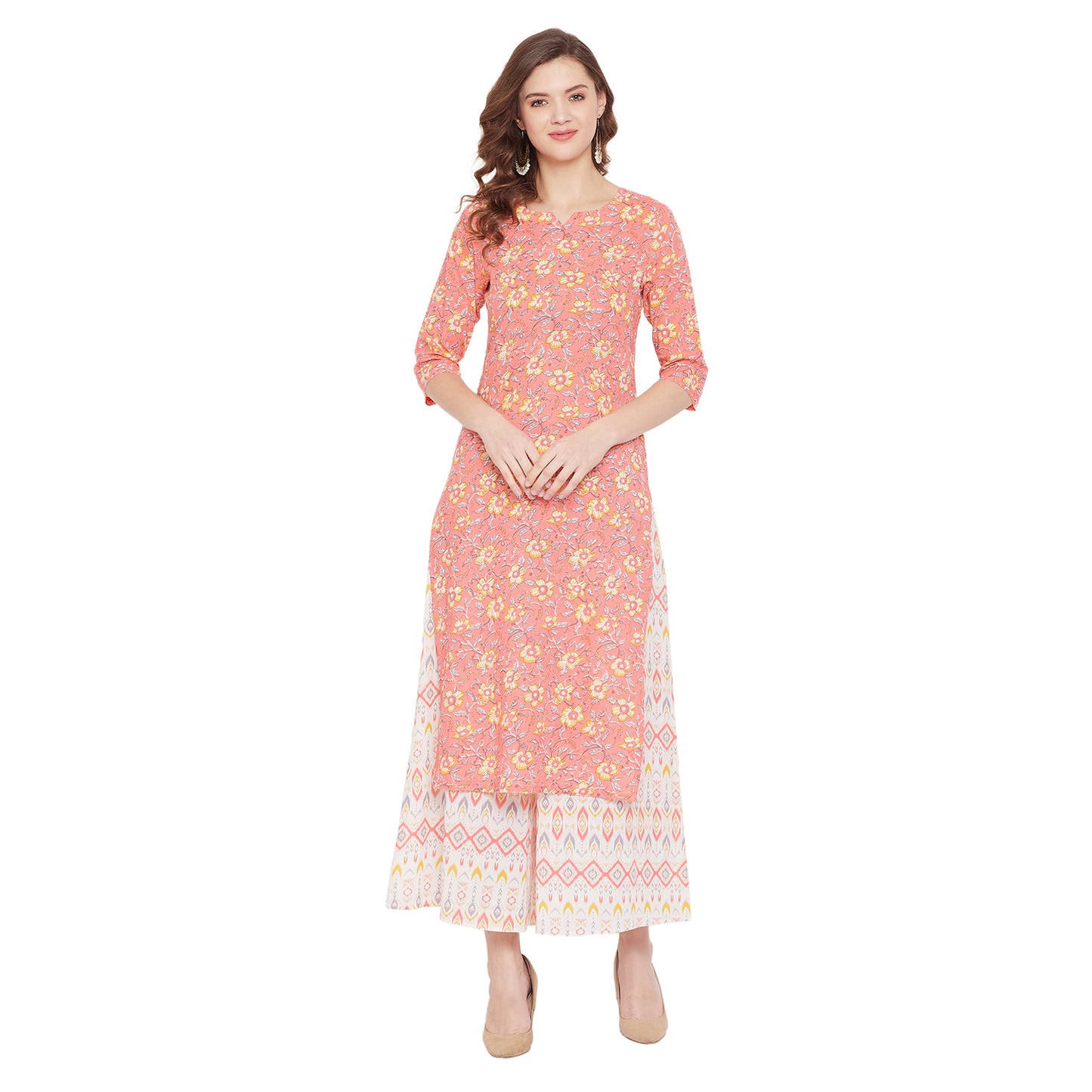 Printed peach kurta with white printed palazzo