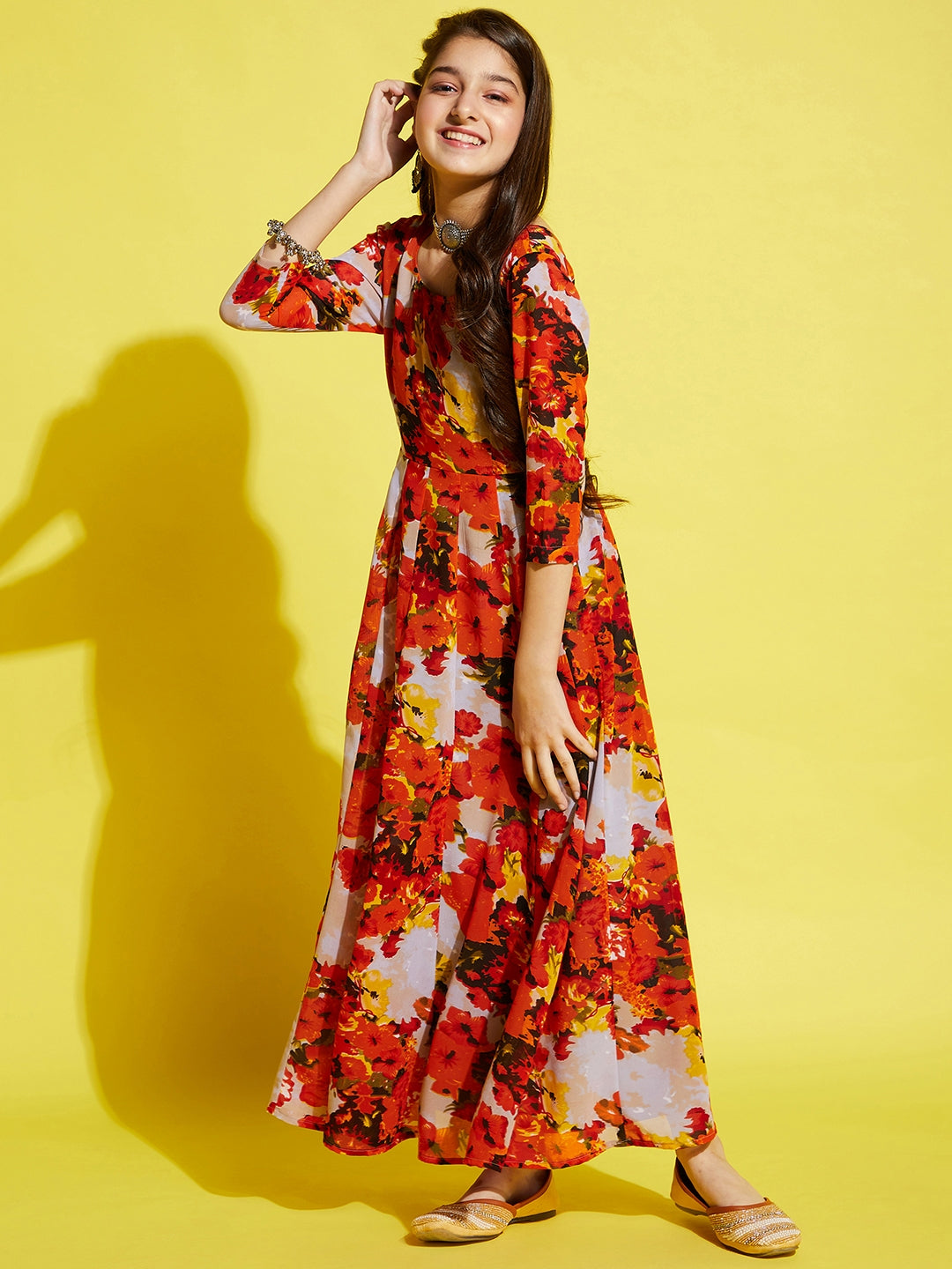 Girls Orange Floral Printed Georgette Ethnic Maxi Dress