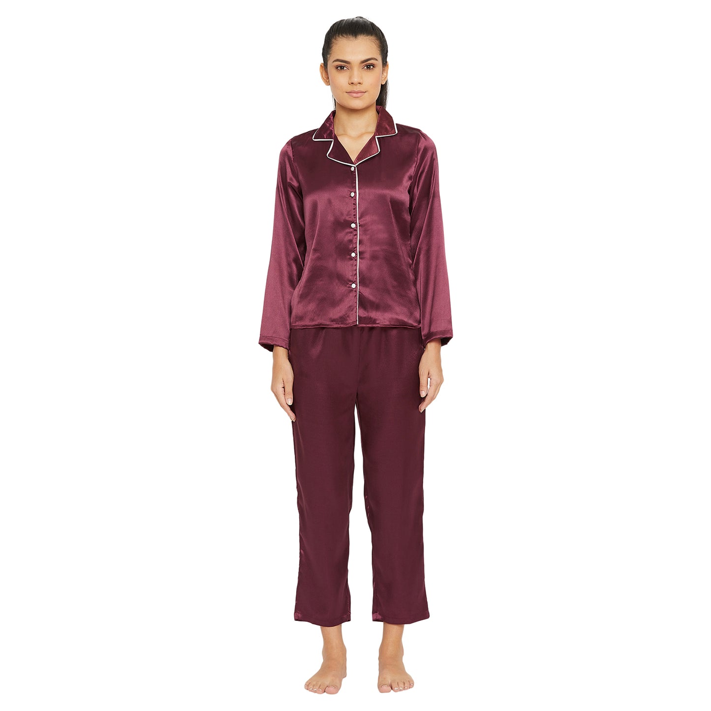 Women Wine Satin Finish Solid Night Suit