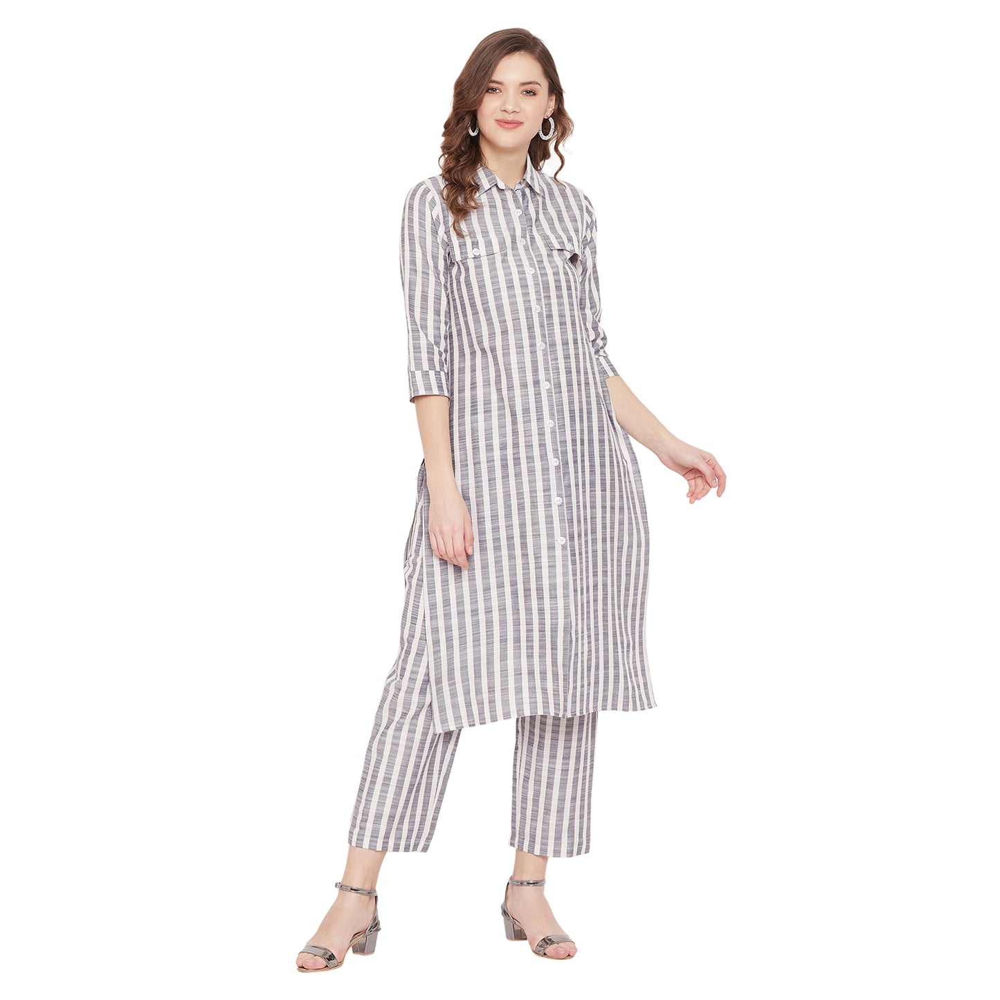 Formal white and grey stripe kurta set