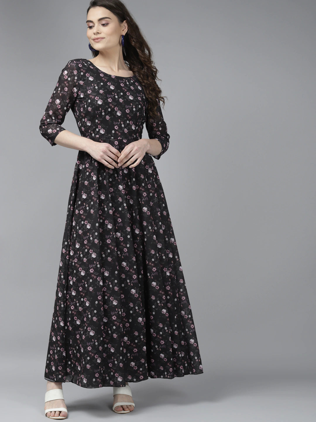 PANIT Black Pink Floral Print Georgette Maxi Dress