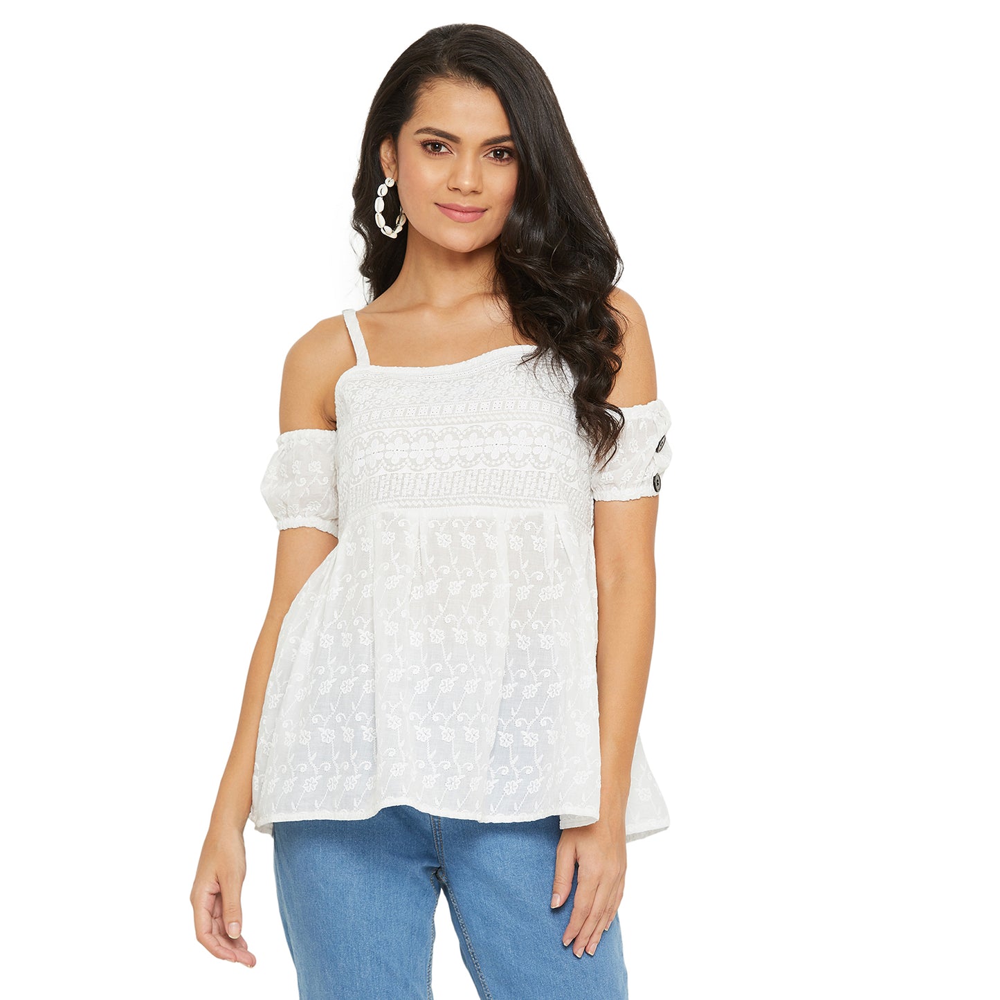 White Schiffli Off Shoulder Puff Sleeves Bardot top