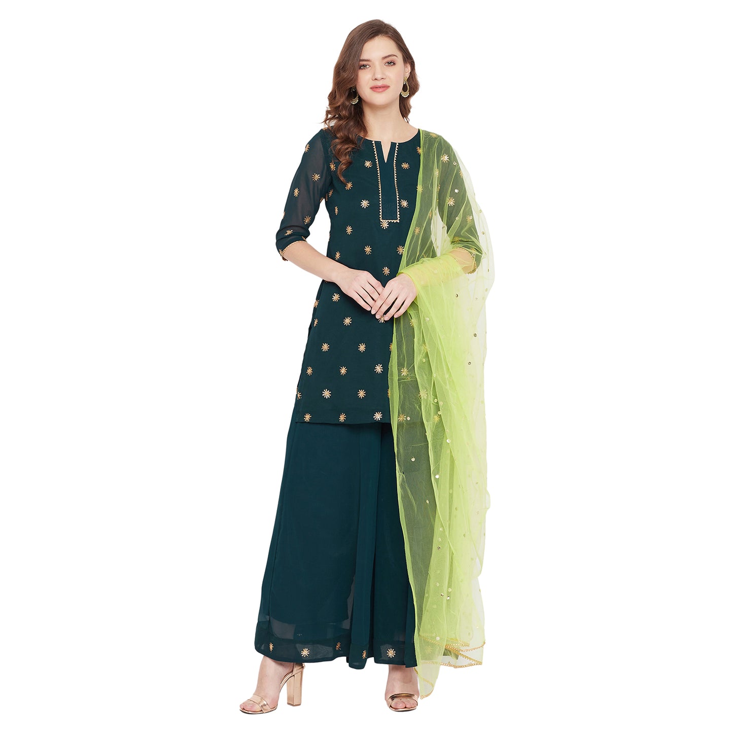 Dark green sun delicately embroidered sharara set