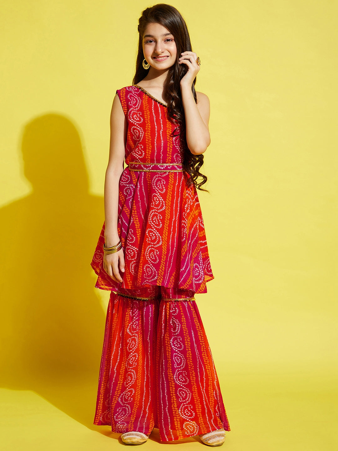 Girls Orange & Pink Bandhani Printed A-Line Kurta with