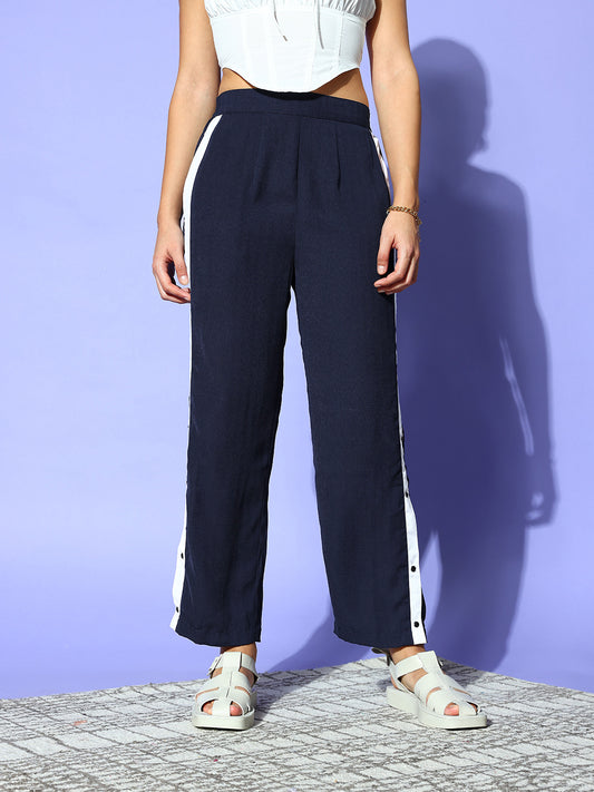 PANIT Women Navy Blue Solid Roman Column Trousers