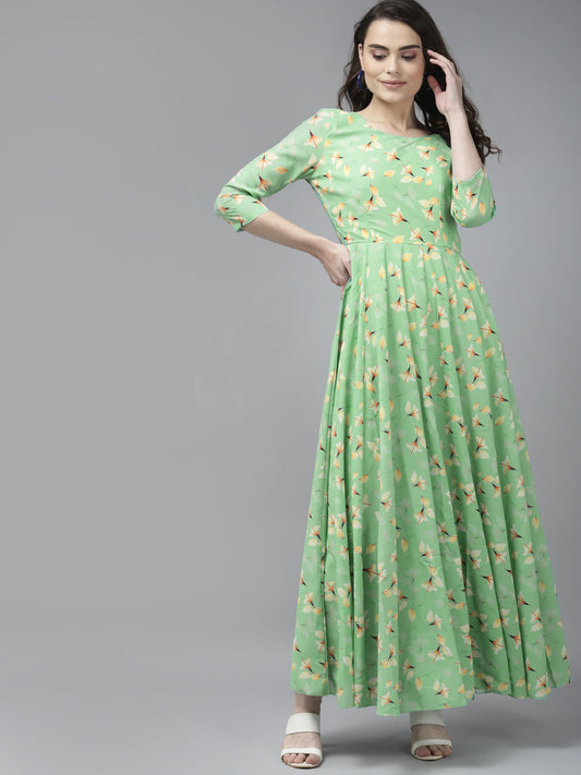 Green & Yellow Floral Georgette Maxi Dress