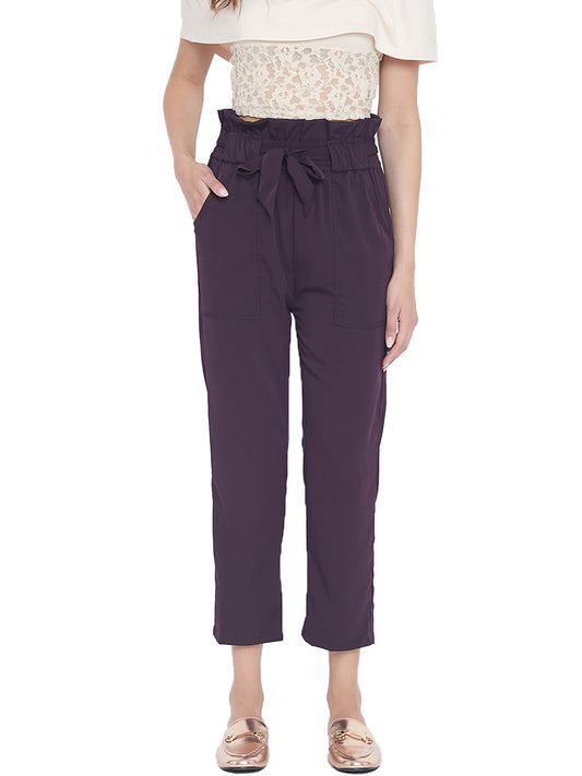 Women's solid plum pleated high waist trouser