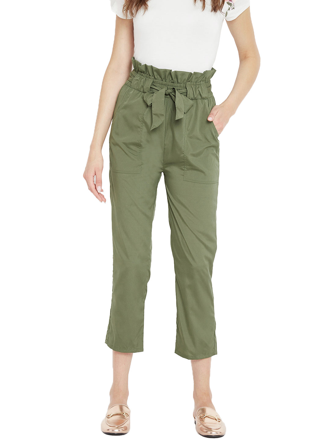 Women's solid olive pleated high waist trouser