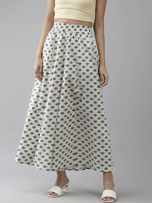 Women Off White & Green Cotton Ethnic Motifs Printed Flared Palazzos