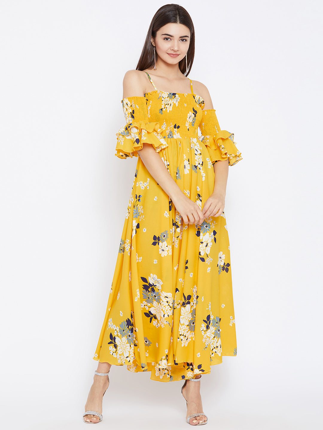 Women Yellow Floral Print Maxi Dress