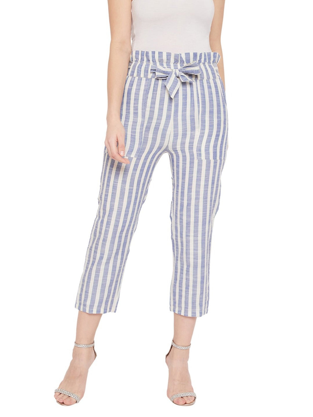 Women White and Blue Stripe Cigarette Trouser