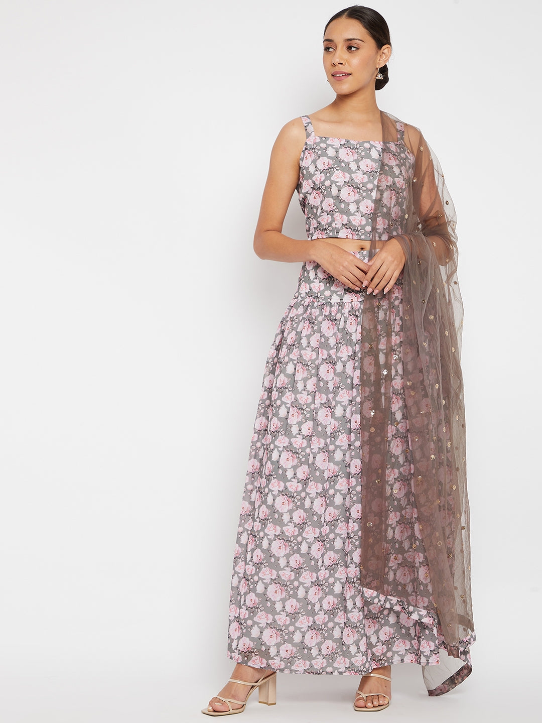 Women Grey Floral Printed Regular Top with Skirt & With Dupatta