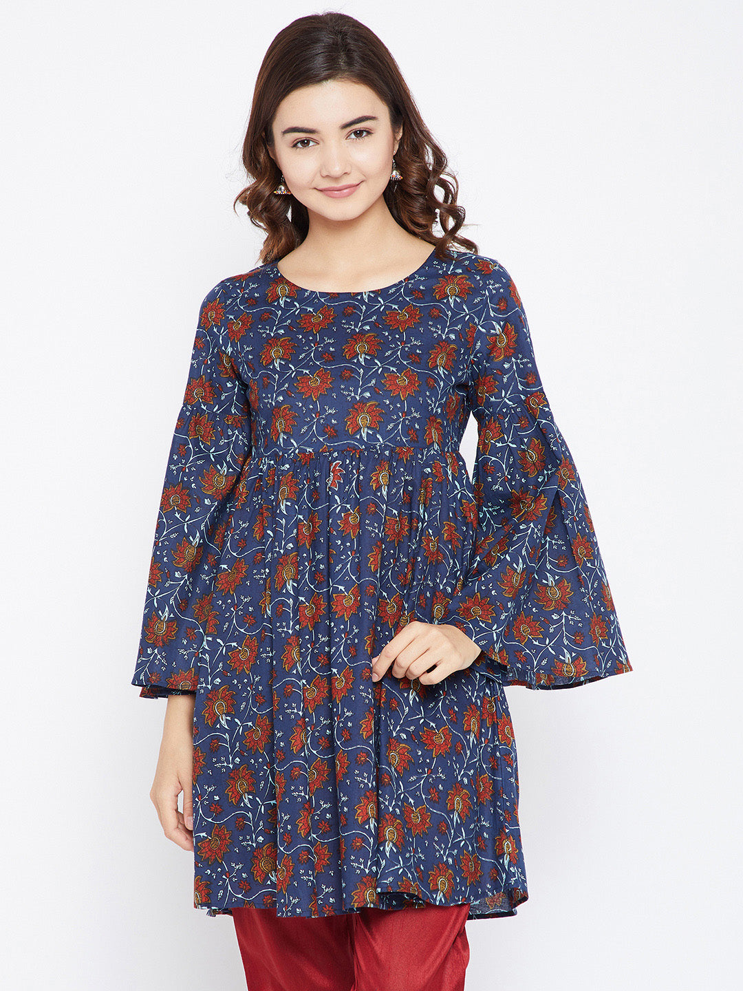 Women Navy Blue and Maroon Printed Kurtis