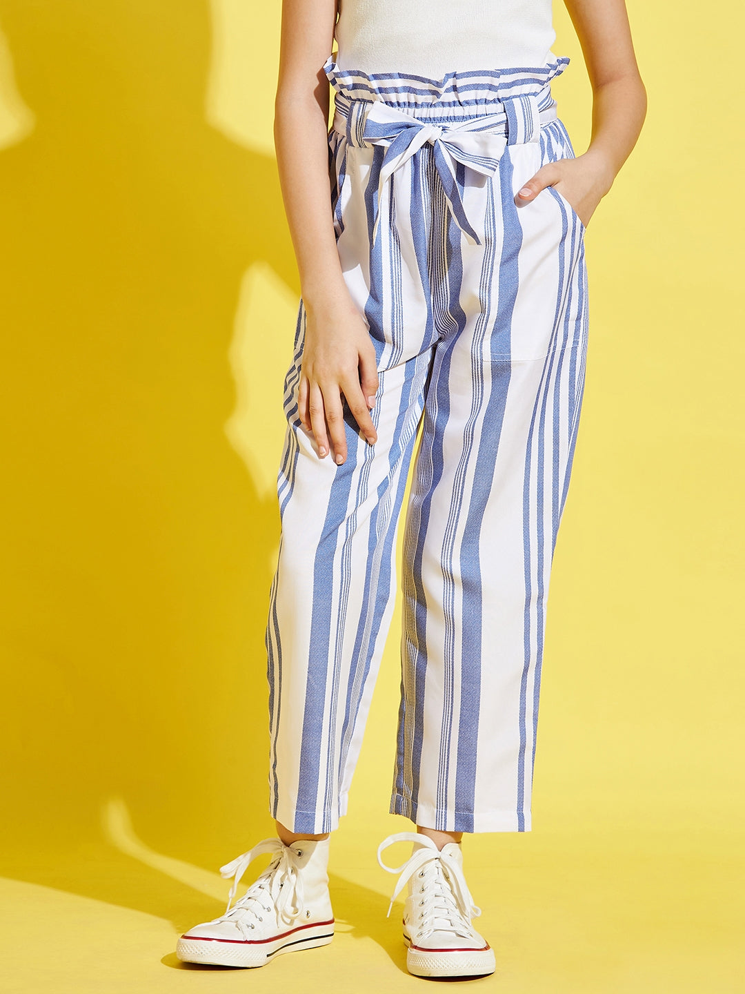 Girls White and Blue Striped Peg Trouser