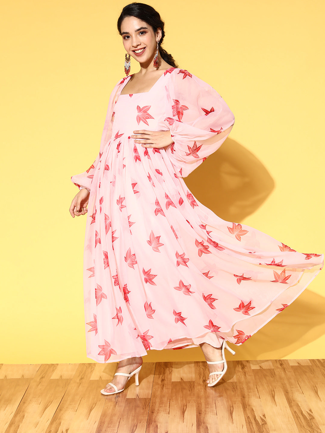 PANIT Women Dress Peach Floral Swirling Volume Dress