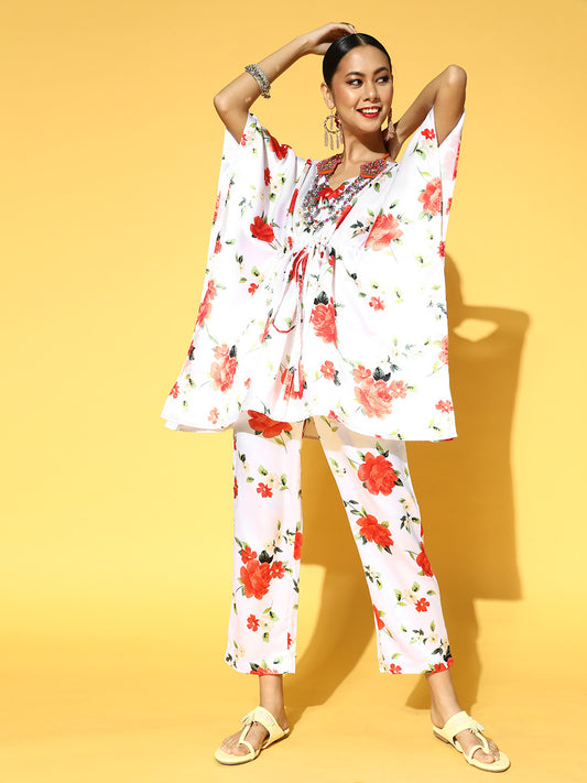 Women White Floral Printed Kaftan Kurta with Trousers
