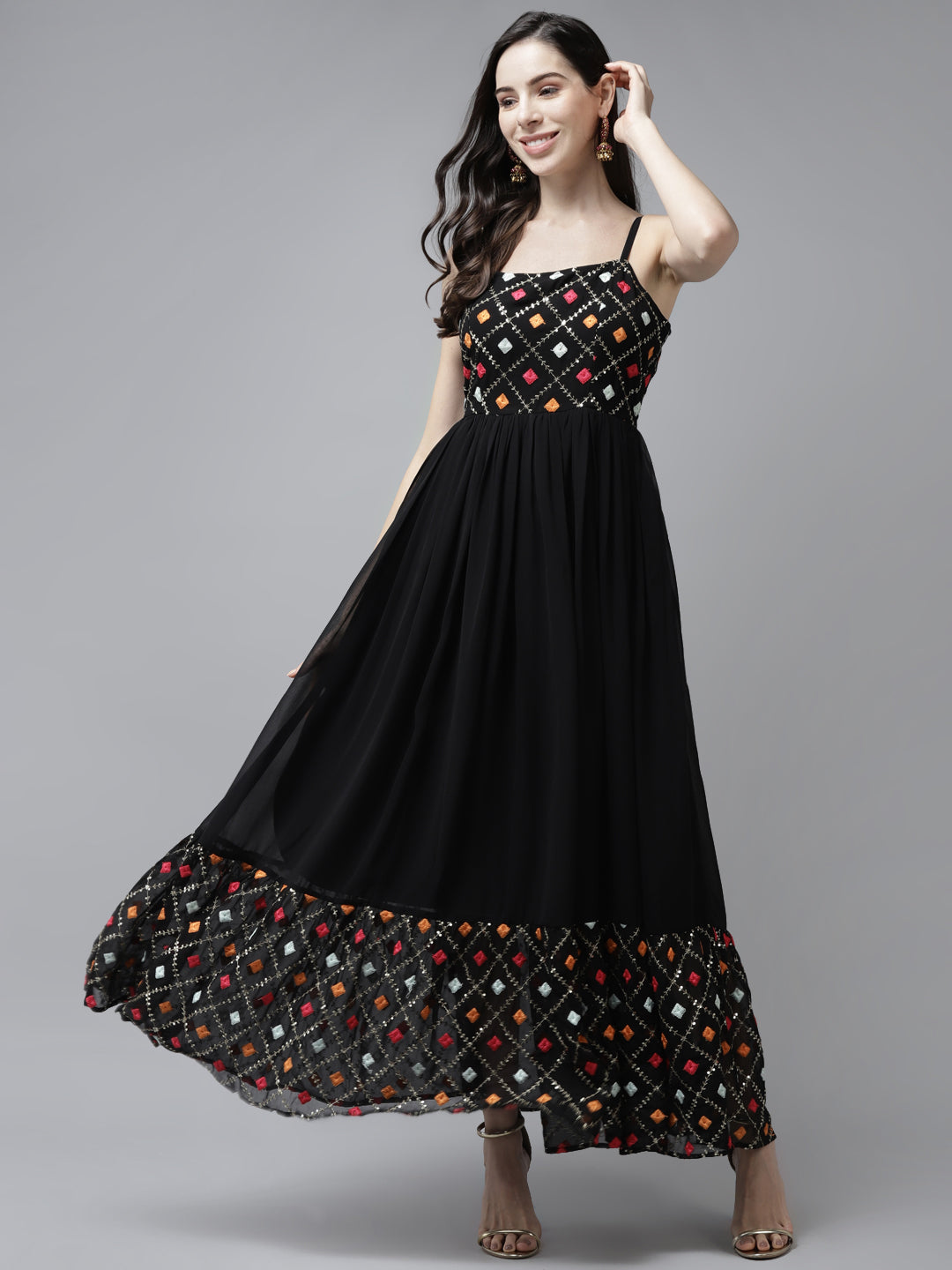 PANIT Women Black Orange Embroidered Maxi Dress