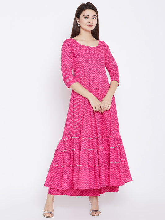 PANIT Women Pink Ethnic Motifs Printed Tiered Anarkali Kurta