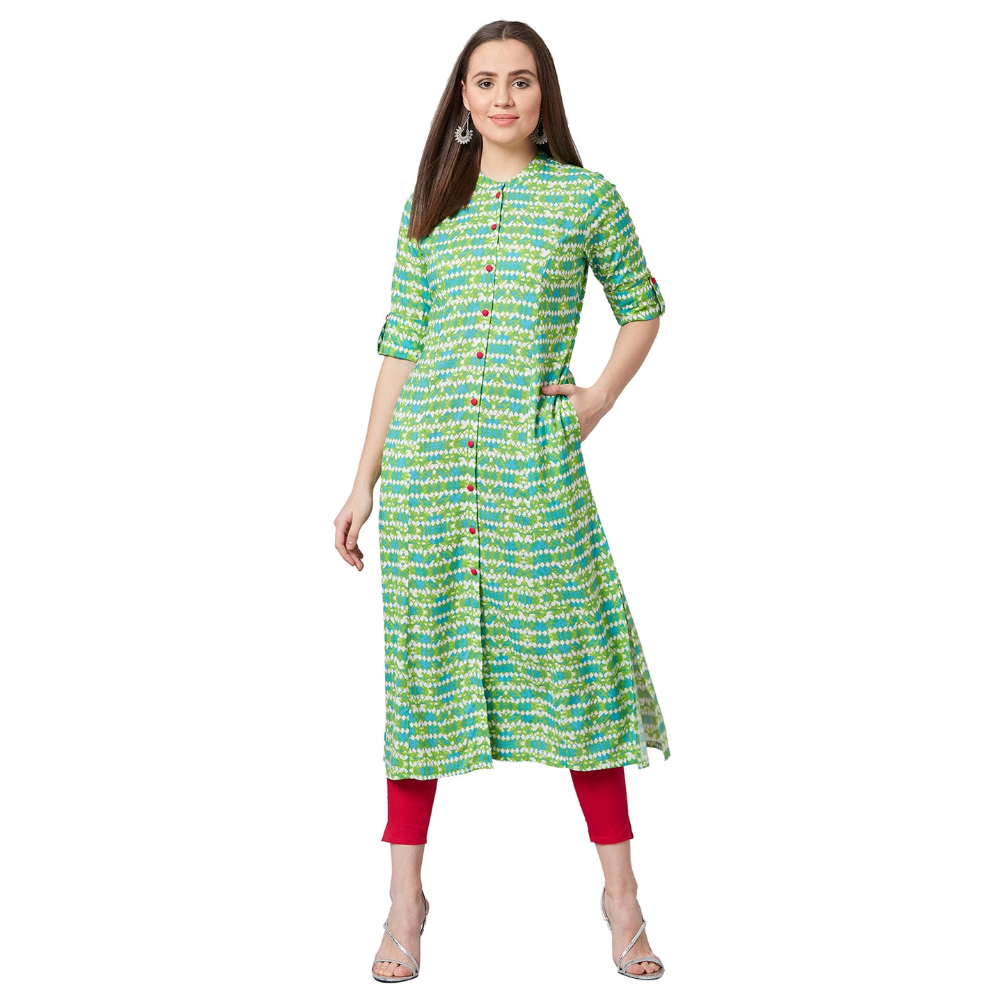 Women Green Printed A-Line Kurta