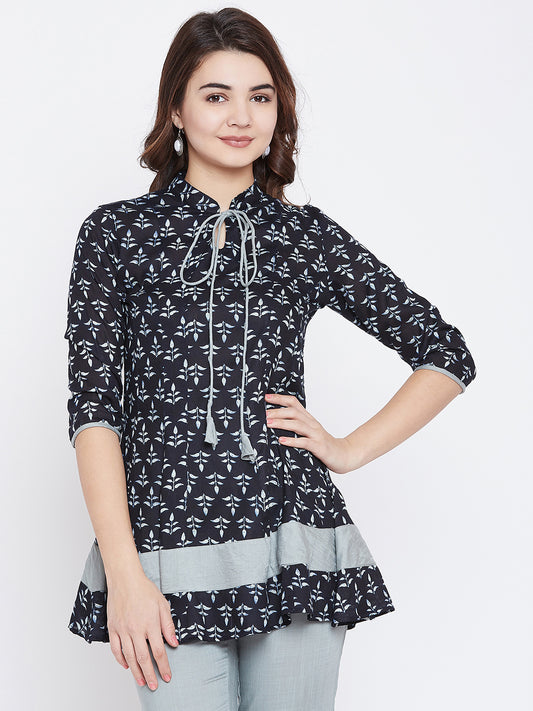 Navy Blue & Grey Printed Pure Cotton A-Line Pure Cotton Kurti