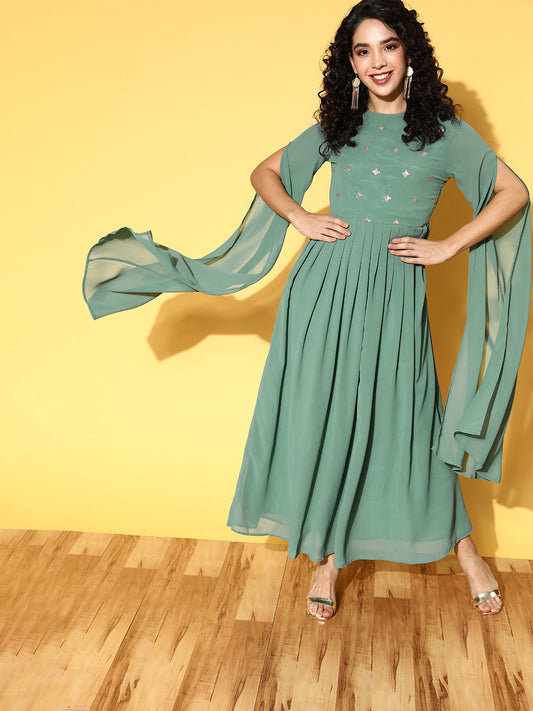 PANIT Green Ethnic Motifs Embellished Georgette A-Line Maxi Dress