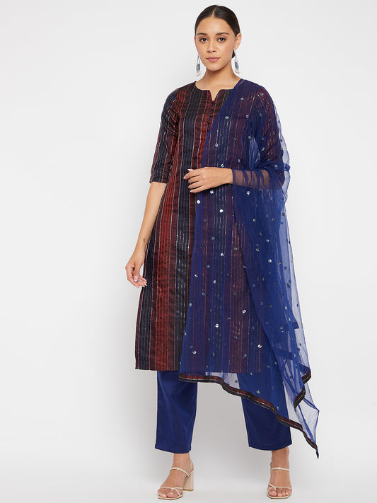 Women Maroon Blue Sequin Straight Kurta Set with Dupatta