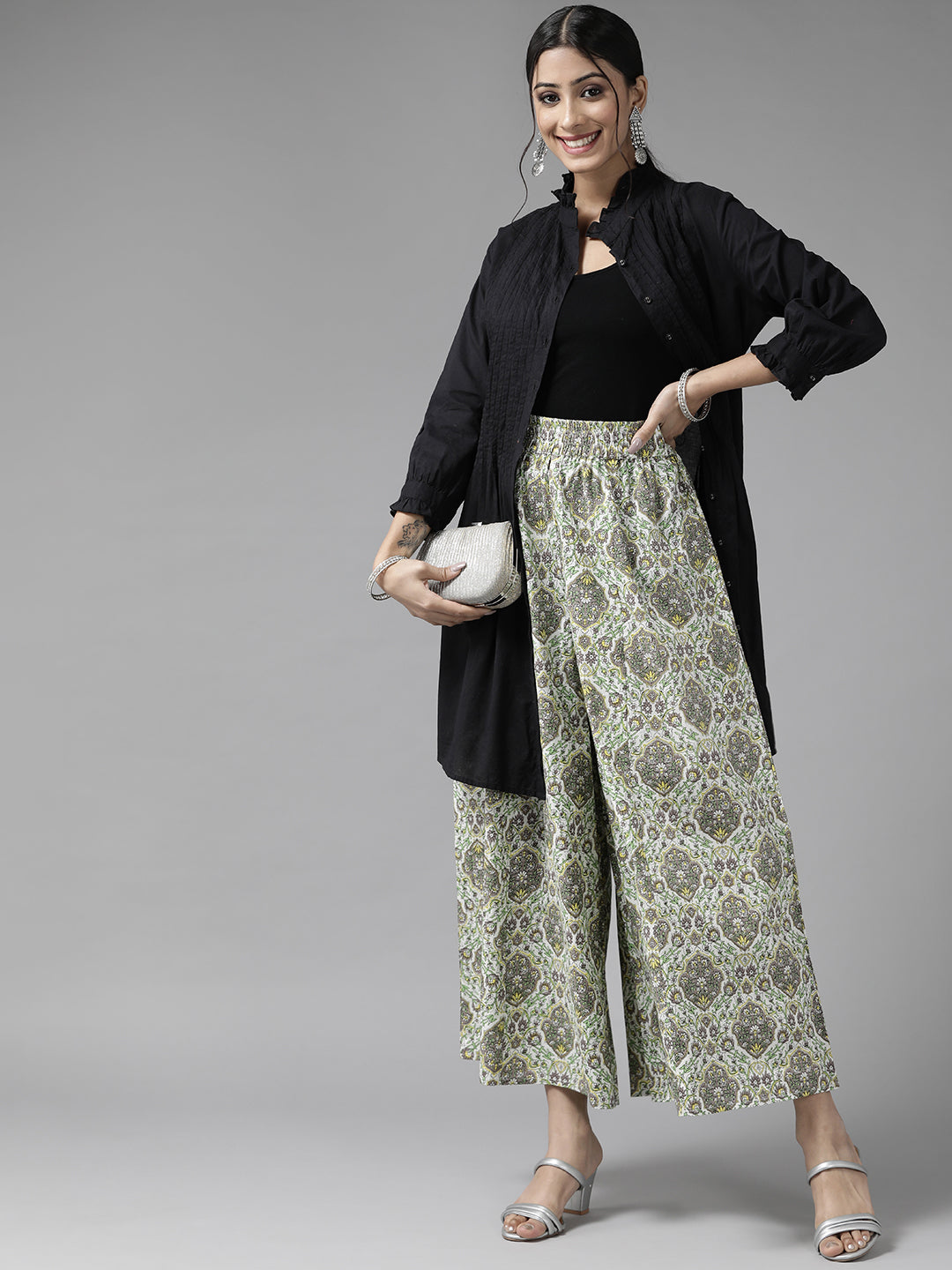 Women White Green & Grey Floral Printed Ethnic Cotton Palazzos