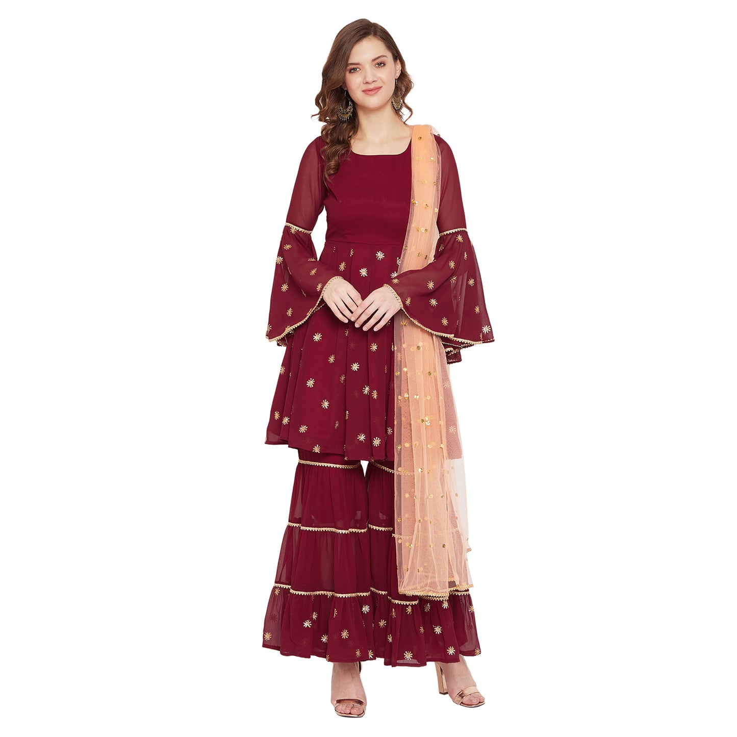 Maroon sharara set with peach dupatta, overall gota lace detailing