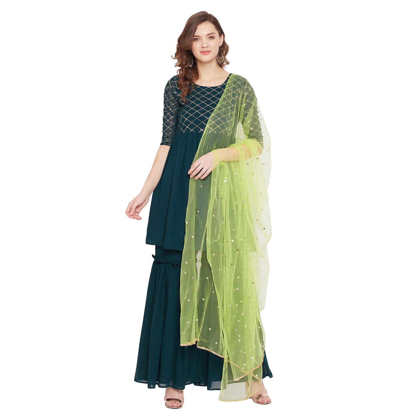 Dark green yoke and sleeve jaal embroidered sharara set with lime green dupatta