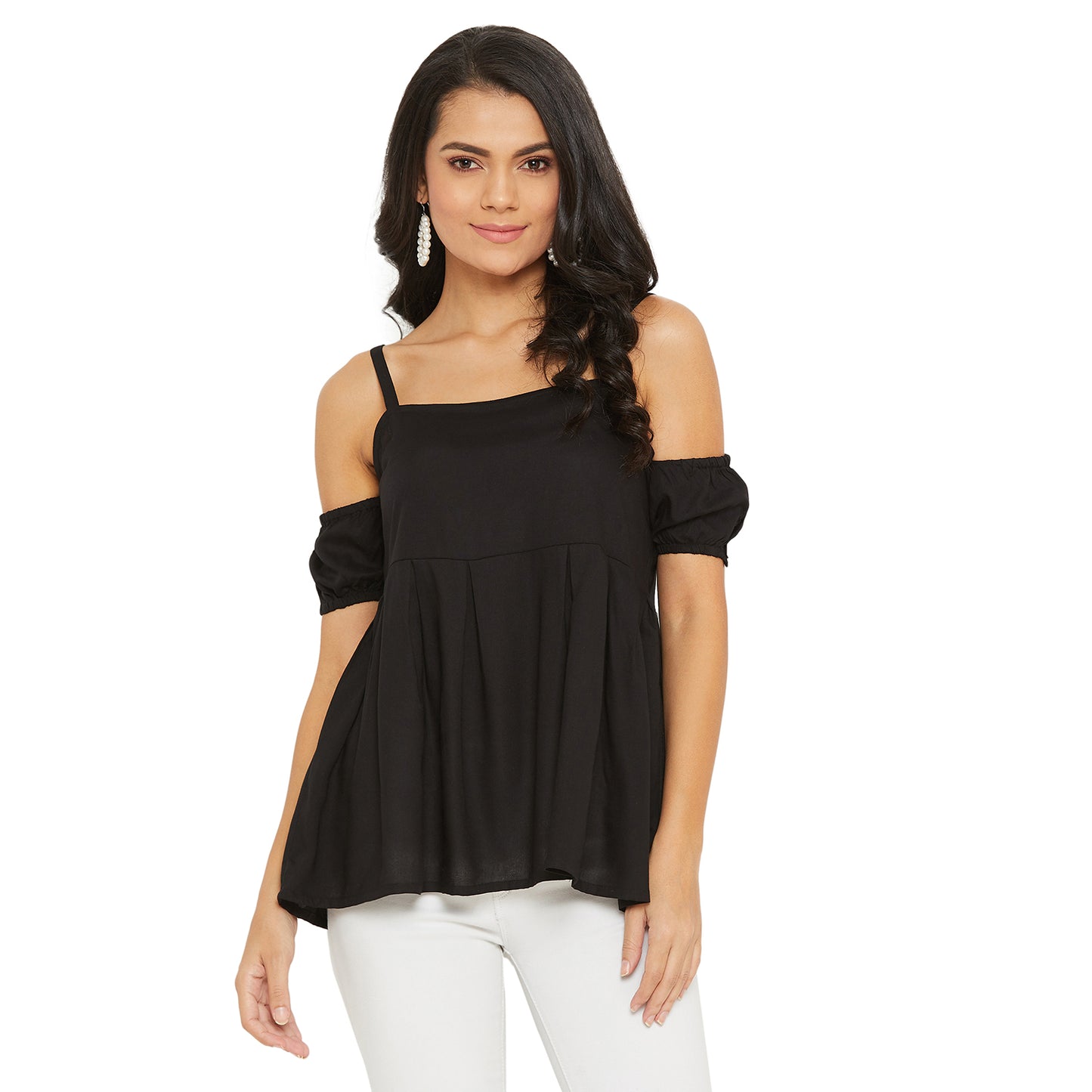 Black Solid Off Shoulder Puff Sleeves Bardot Top