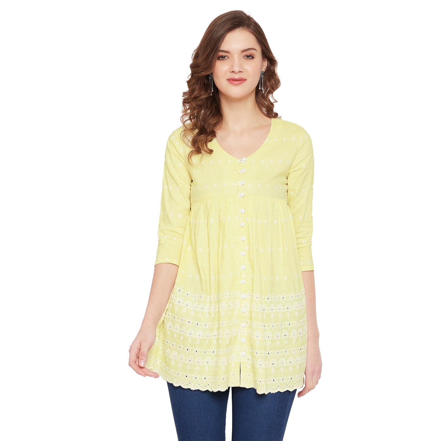 Women Yellow Schiffli A-Line Flared Top
