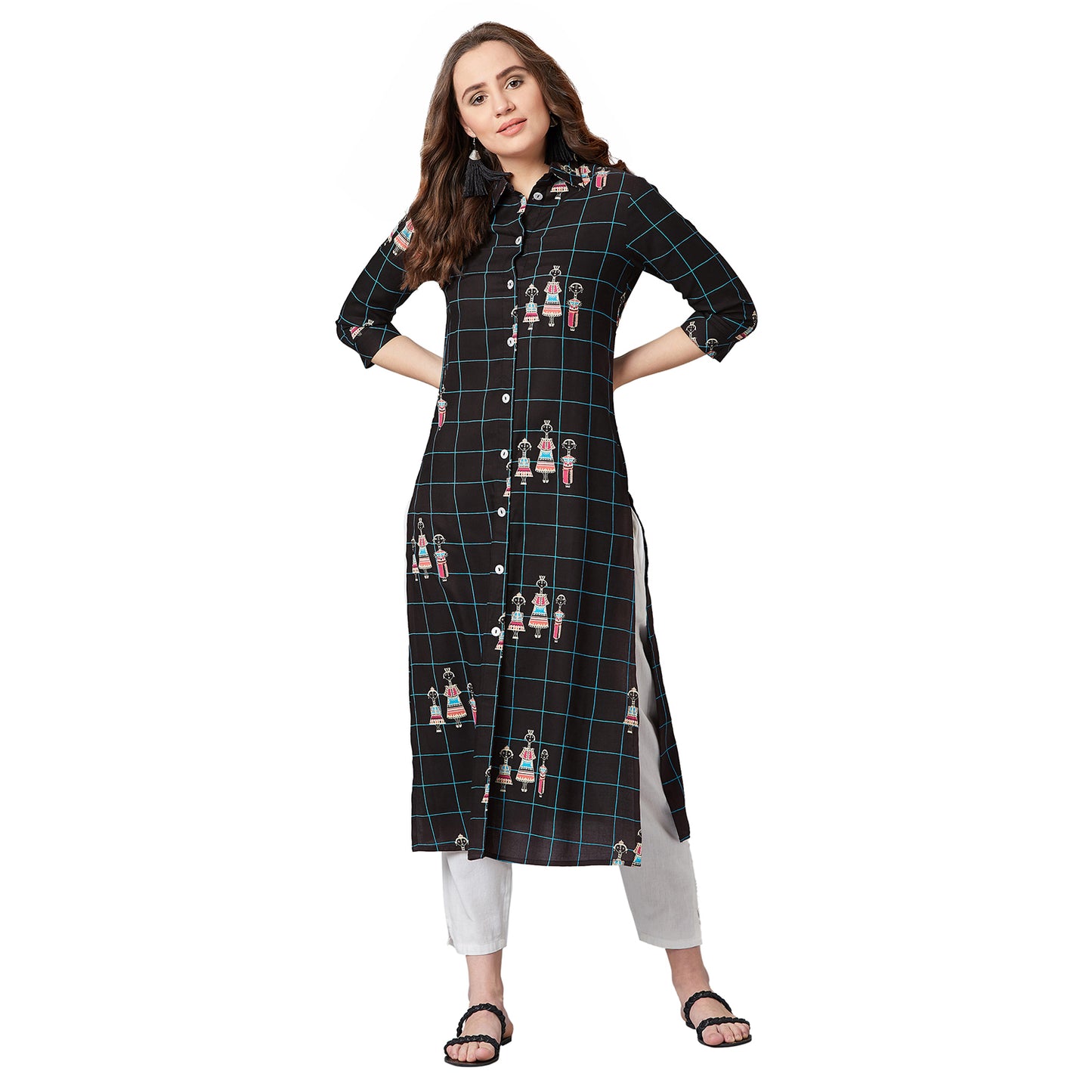 Women Black & Blue Tribal Print Straight Kurta
