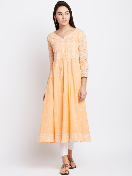 Orange Color Embrodried  Chikankari  Kurta