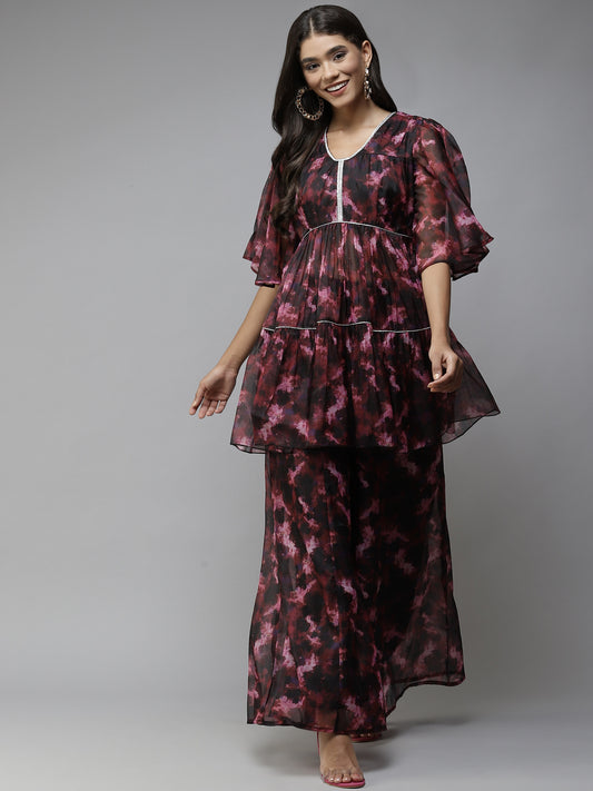 PANIT Women Black Printed Tiered Zardozi Kurti with Palazzos