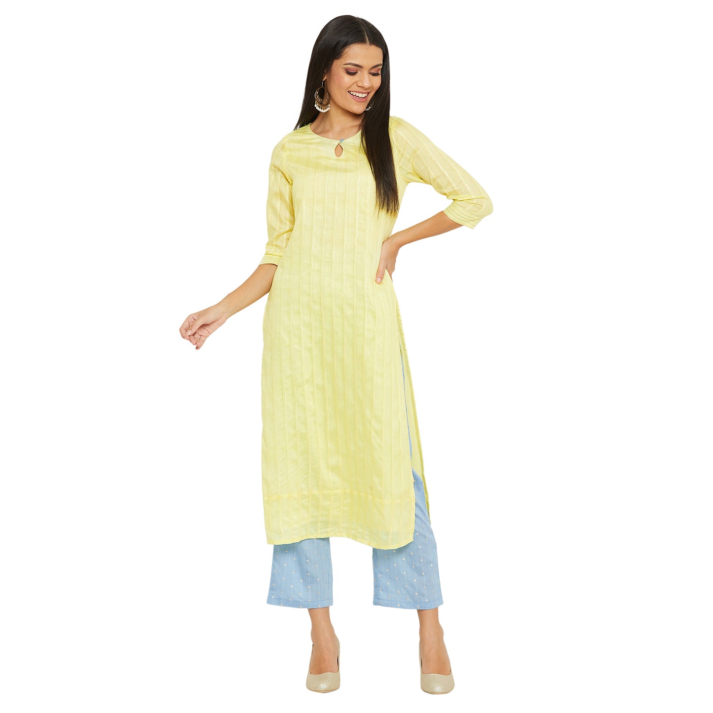 Lemon Lurex Kurta With Blue Trouser